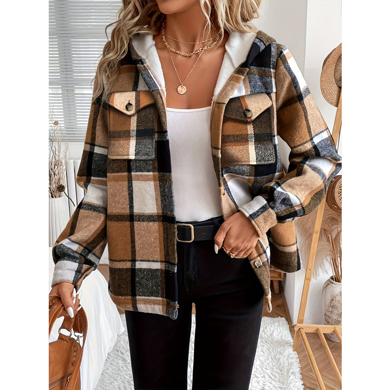 Women’s Cozy Plaid Fleece Lined Hooded Jacket – Button Front Casual Coat with Pockets for Autumn & Winter