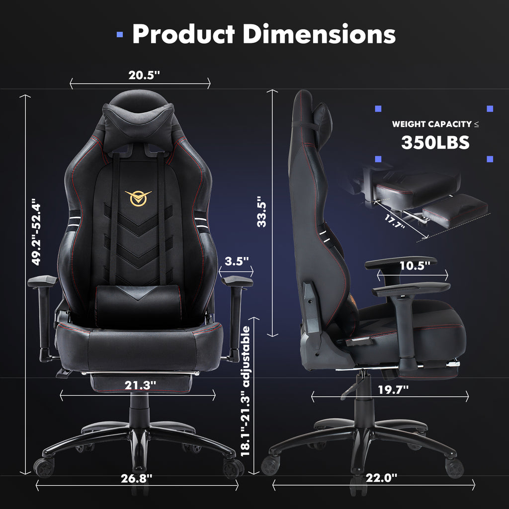 Aesthetic Tall Gaming Chair with Footrest – 350lb Capacity, Ergonomic Racing-Style Computer Chair for Long-Hour Comfort