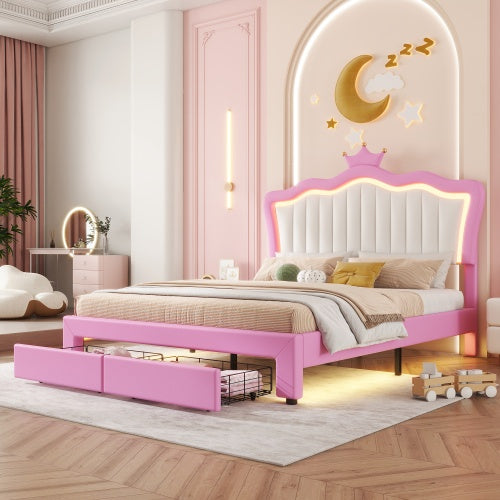 Full Size Upholstered Princess Bed Frame with LED Lights, Adjustable Crown Headboard & 2 Storage Drawers – Pink + White
