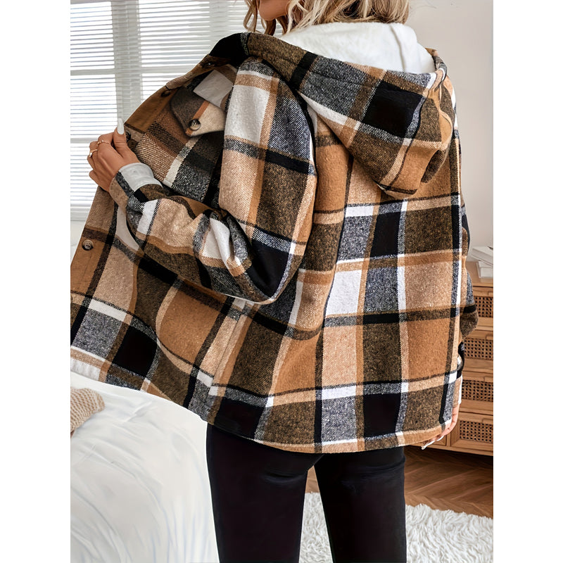 Women’s Cozy Plaid Fleece Lined Hooded Jacket – Button Front Casual Coat with Pockets for Autumn & Winter