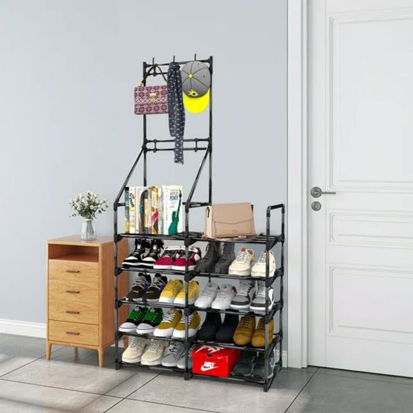 5-Tier Aesthetic Shoe Rack & Coat Organizer – Space-Saving Closet Storage with Hooks, 3-in-1 Entryway Stand