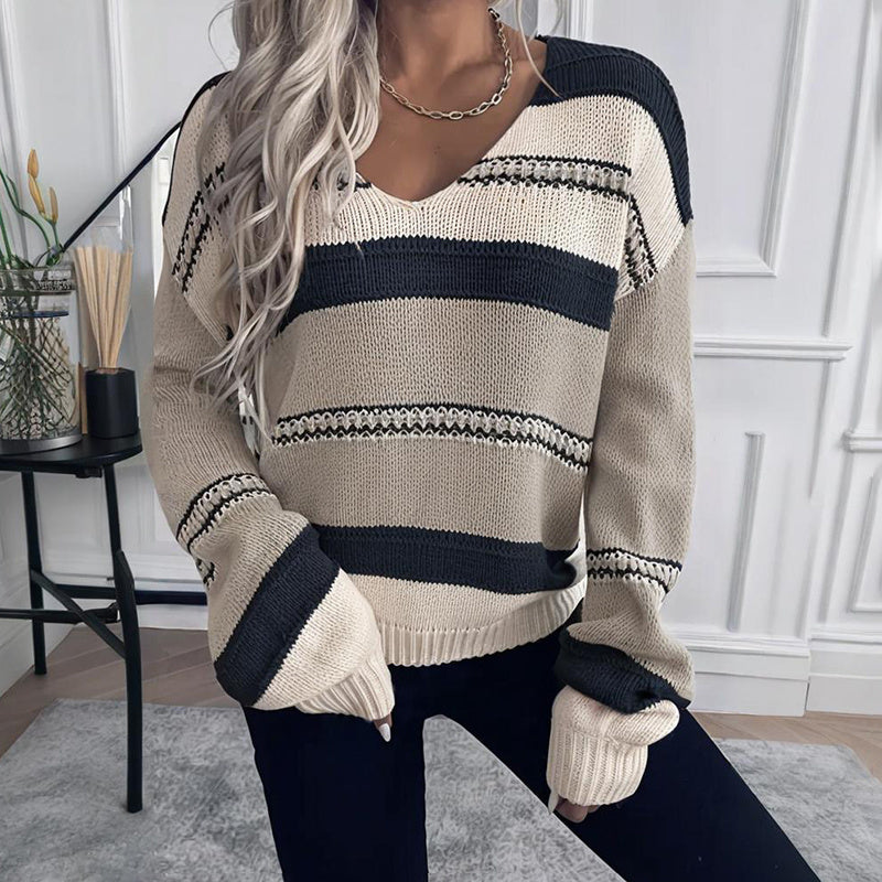 Women’s French Vintage Striped Sweater – V-Neck Long Sleeve Stretch Knit Top for Fall & Winter Layering