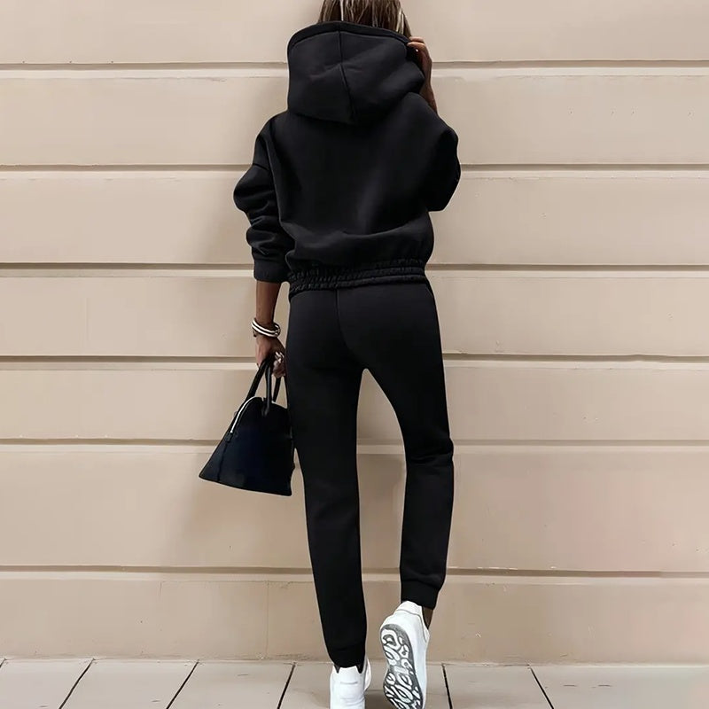 Women's Casual 2-Piece Tracksuit, Solid Color Hooded Sweatshirt And Slim Fit Jogger Pants For Autumn And Winter