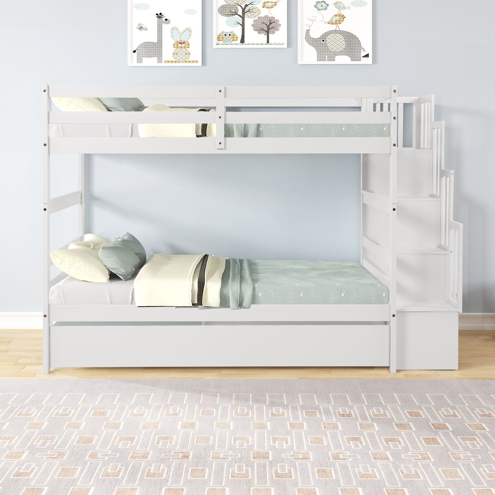 White Twin Over Twin Bunk Beds with Trundle & Stairway Storage – Pine Wood Frame, Safe Guardrails, Space-Saving Design