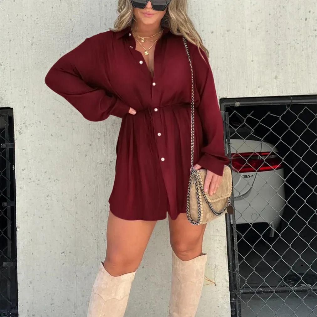 Women’s Long Sleeve Jumpsuit – Button-Front Fashion Shirt Dress Style