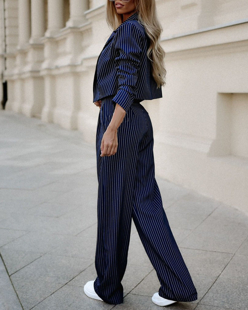 Women’s Spring Striped Suit Set – Casual Lapel Cropped Top & Straight-Leg Pants Outfit