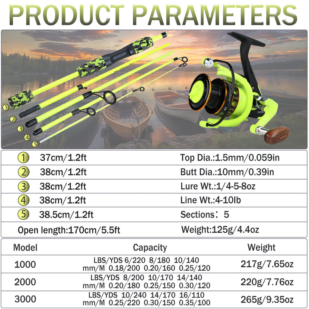 Sougayilang 5-Section Travel Fishing Rod & Spinning Reel Combo | Portable 170cm Glass Fiber Rod with 1000 Series Reel