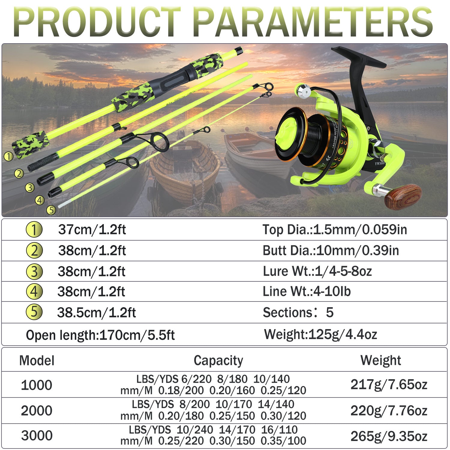 Sougayilang 5-Section Travel Fishing Rod & Spinning Reel Combo | Portable 170cm Glass Fiber Rod with 1000 Series Reel