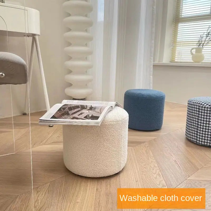 Houndstooth Lambswool Round Stool for Living Room