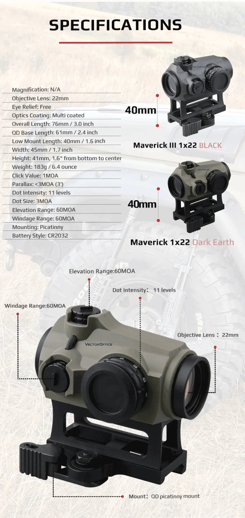 Vector Optics Maverick Gen3 1x22 Red Dot Scope – Waterproof, Quick-Detach AR Sight with 11 Brightness Levels