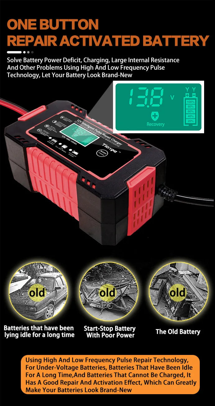 EAFC Smart 12V Pulse Repair Battery Charger – LCD Display, 6A Fast Charging for Cars, Motorcycles & Deep-Cycle Batteries