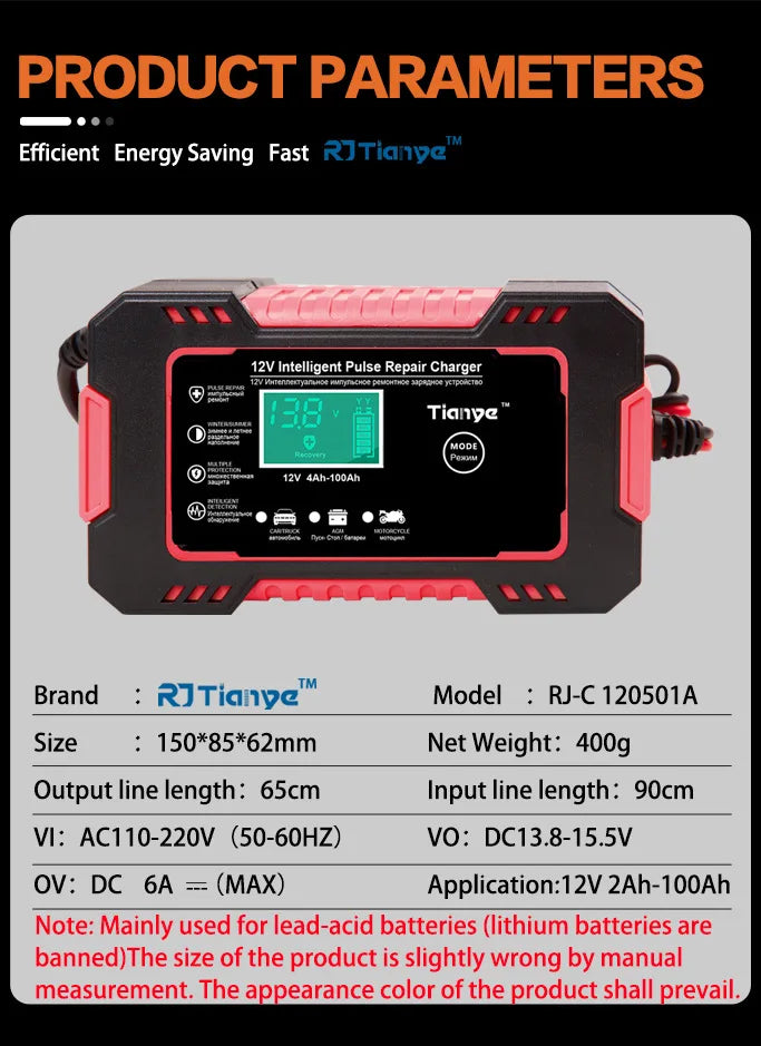 EAFC Smart 12V Pulse Repair Battery Charger – LCD Display, 6A Fast Charging for Cars, Motorcycles & Deep-Cycle Batteries