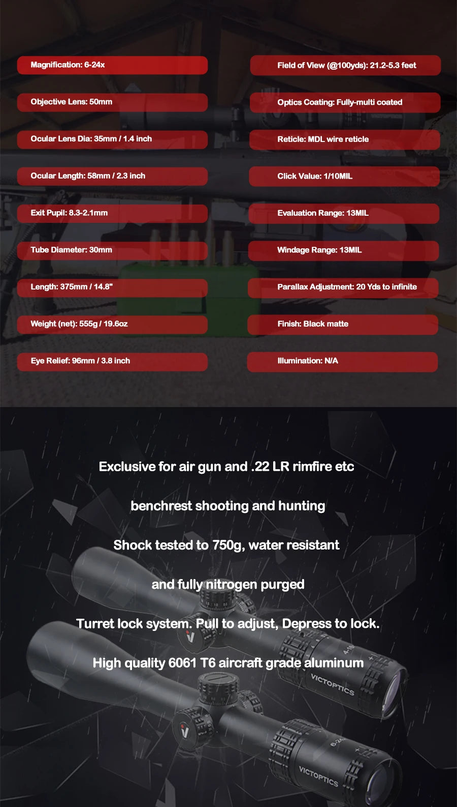 VictOptics S4 6-24×50 MDL Riflescope – 30mm Tube, 1/10 MIL Adjustments, Side Focus, FMC Optics – For Airsoft, Rimfire, .223 / 5.56 Sporting Rifles