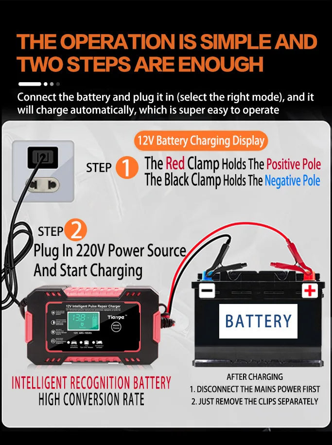 EAFC Smart 12V Pulse Repair Battery Charger – LCD Display, 6A Fast Charging for Cars, Motorcycles & Deep-Cycle Batteries