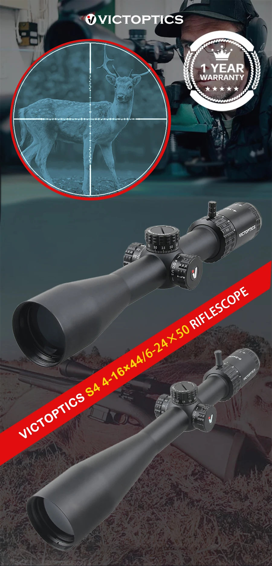 VictOptics S4 6-24×50 MDL Riflescope – 30mm Tube, 1/10 MIL Adjustments, Side Focus, FMC Optics – For Airsoft, Rimfire, .223 / 5.56 Sporting Rifles