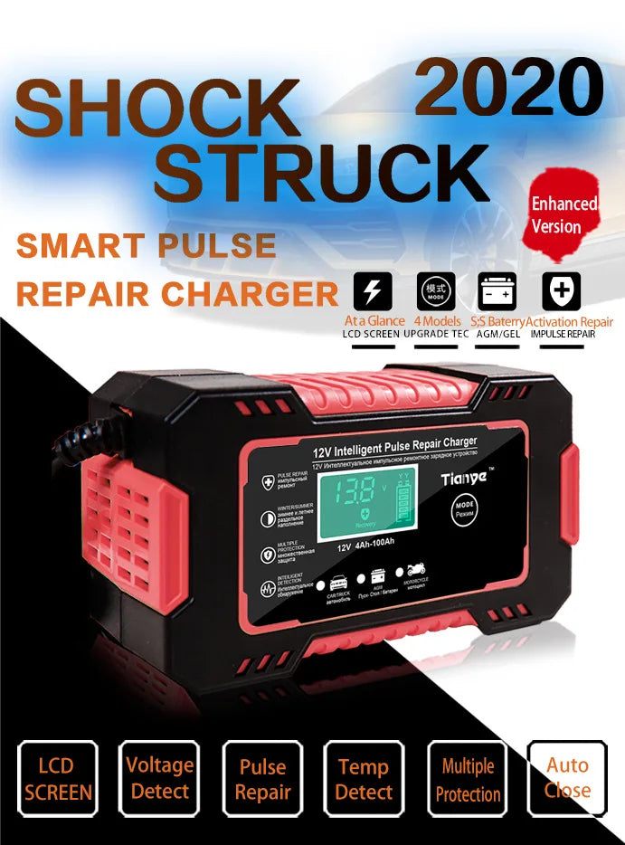 EAFC Smart 12V Pulse Repair Battery Charger – LCD Display, 6A Fast Charging for Cars, Motorcycles & Deep-Cycle Batteries