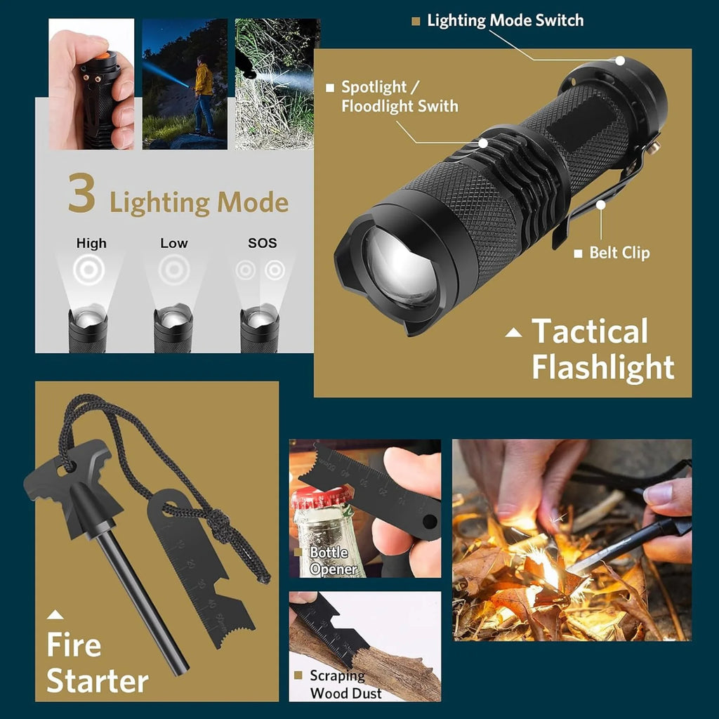 Survival pack, 13 integrated survival equipment and devices, tactical tools, camping, hiking, hunting, outdoor exploration