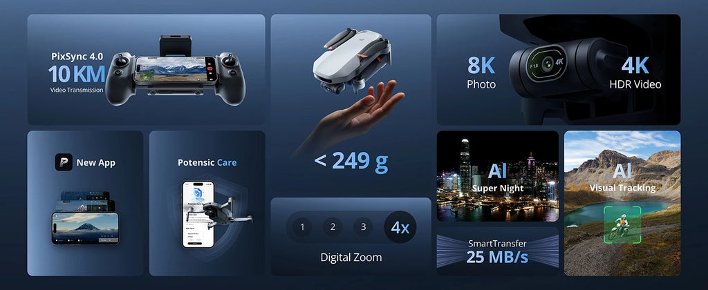 Potensic ATOM 2 Camera Drone, 4K HDR Video, 8K Photo, 3-Axis Gimbal,Under 249g, Vertical Shooting,10-KM, AI Night Shot, AI Track