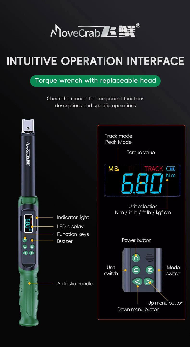 MoveCrab Digital Torque Wrench with Interchangeable Ratchet & Open-End Heads, 5–99.6 ft-lb (6.8–135 Nm) High-Precision Electronic Torque Wrench with LCD Display