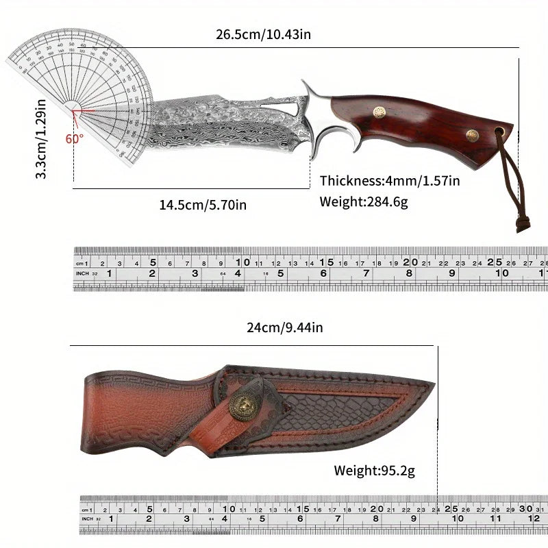 Damascus-Style Fixed Blade Knife – Premium Stainless Steel Blade, Wooden Handle & Leather Sheath