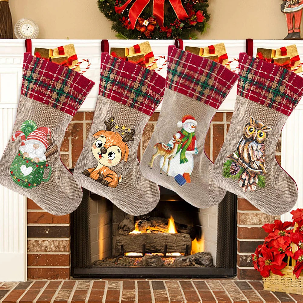 Linen Christmas Stockings Socks Gnome Xmas Snowman DIY Diamond Painting Christmas Hanging Ornament For Holiday Family Party