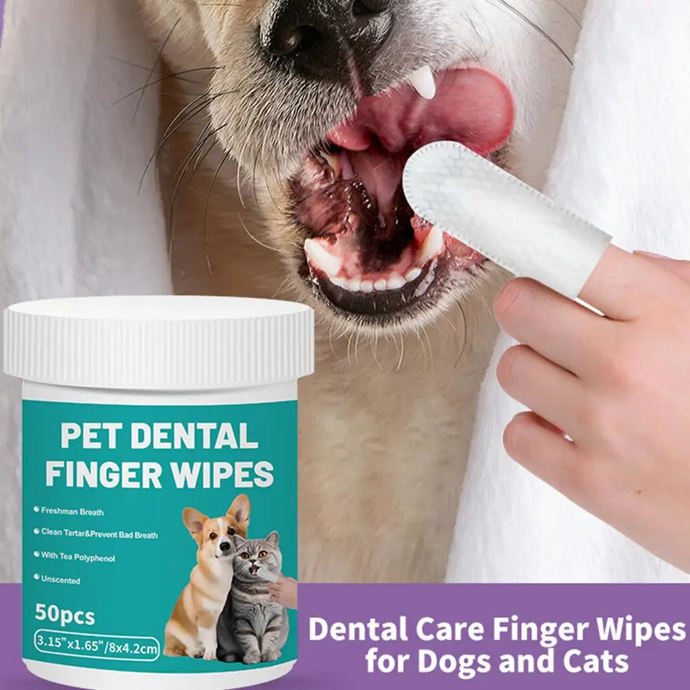 Pet Teeth Cleaning Wipes (50 Count) Dog & Cat Dental Finger Wipes for Bad Breath Removal, Portable Teeth Brushing Wipes for Home & Travel