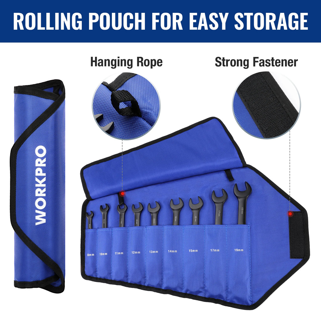 WORKPRO 9-Piece Anti-Slip Ratcheting Combination Wrench Set | 72-Tooth Cr-V Metric/SAE 8–19 mm | Durable Black Carbon Steel Ratchet Wrenches