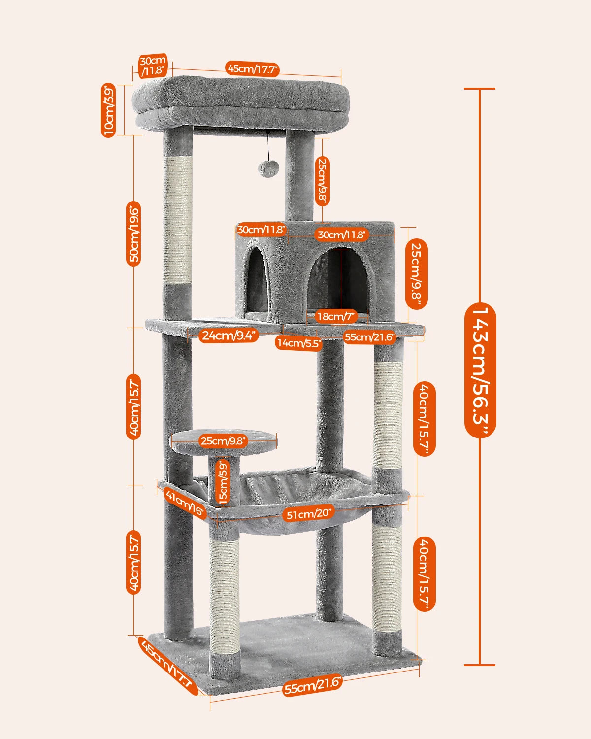 5-Level Cat Tree Tower for Indoor Cats – Large Cat Condo with Hammock & Scratching Posts