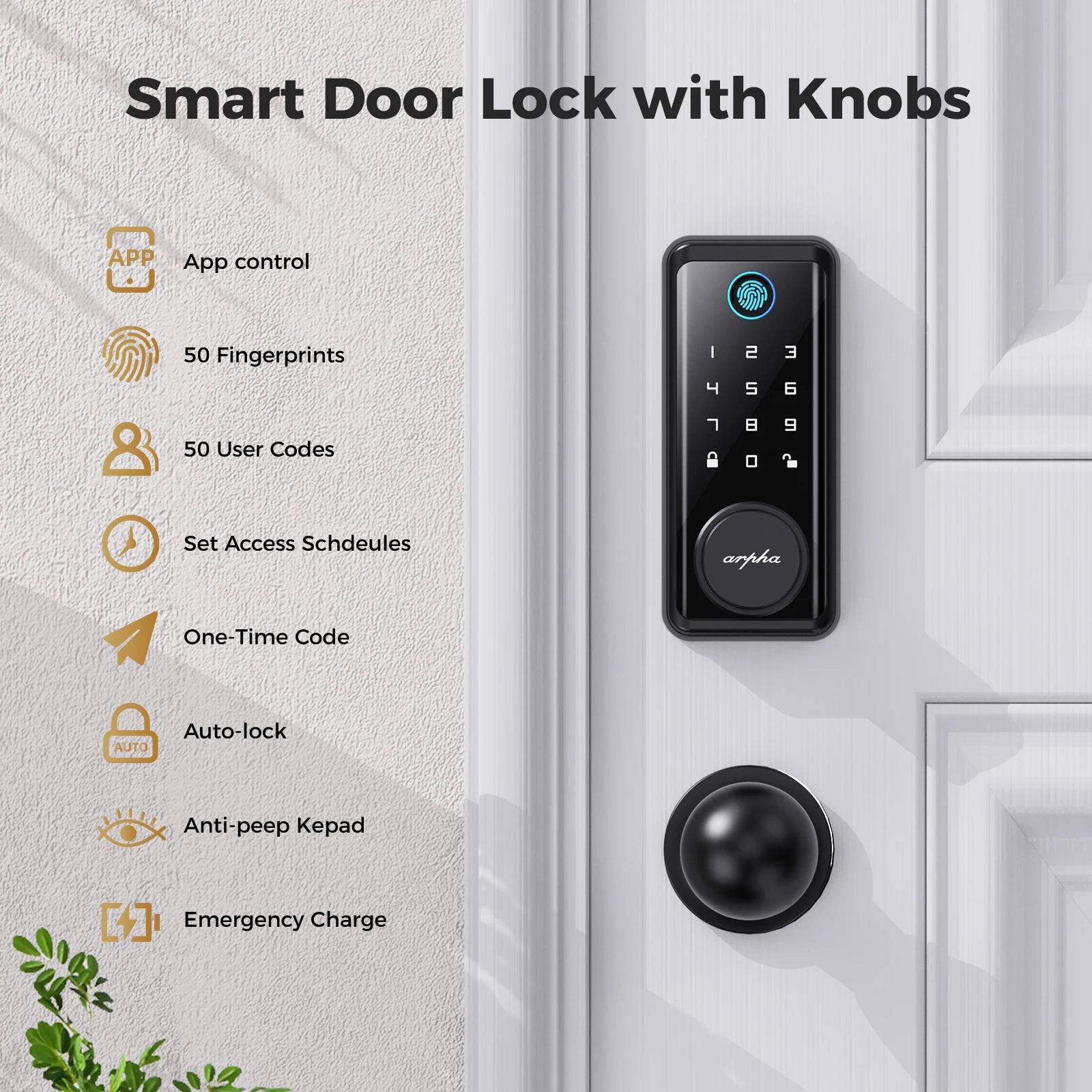 Arpha Smart Lock D601K Keyless Entry Door Lock Deadbolt with Handle Set Waterproof 5-in-1 Fingerprint Keyless Entry Door Lock