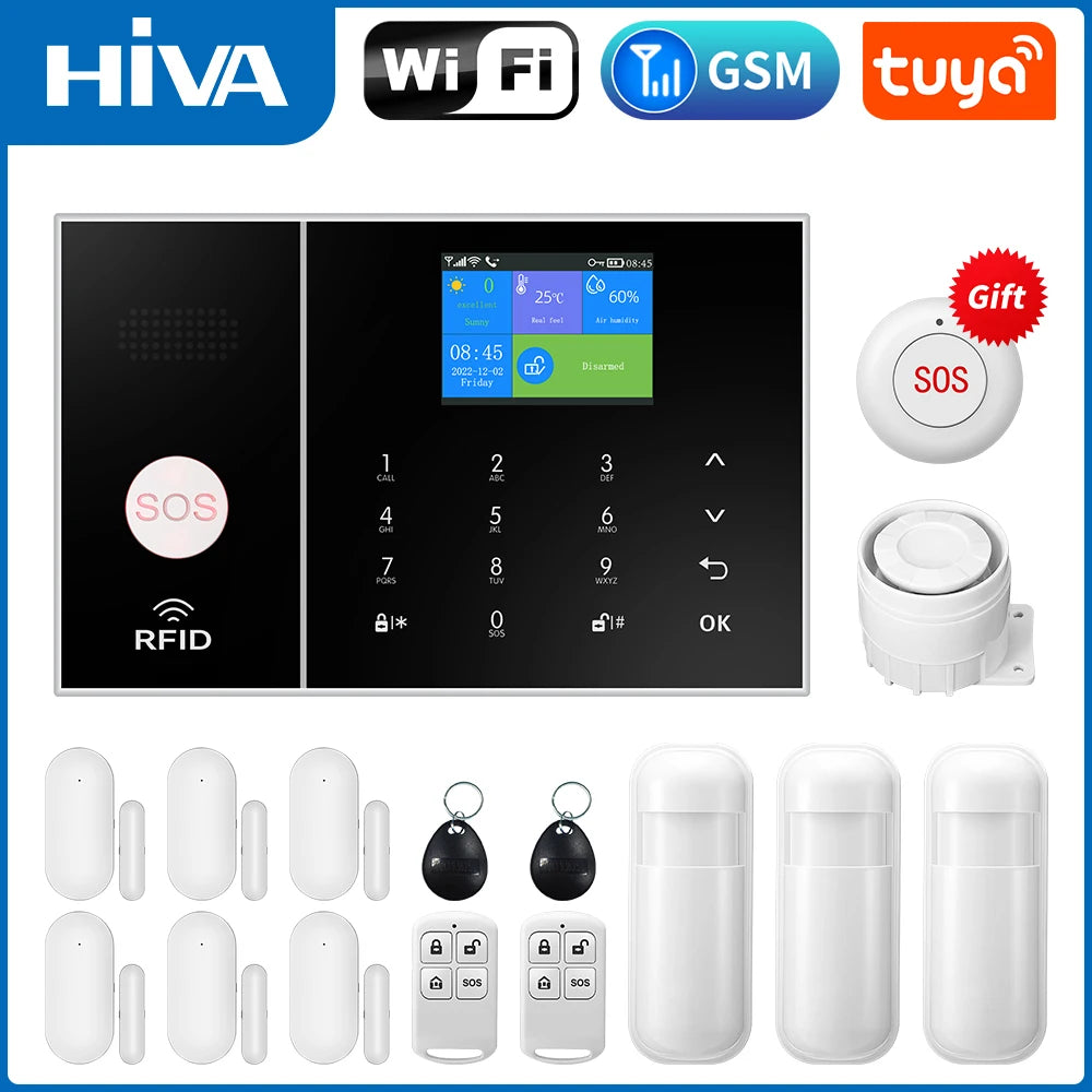 HIVA Security Alarm System For Home GSM Wifi Tuya Smart Life App Control Burglar Alarm Kit With Pir Door Sensor work with Alexa