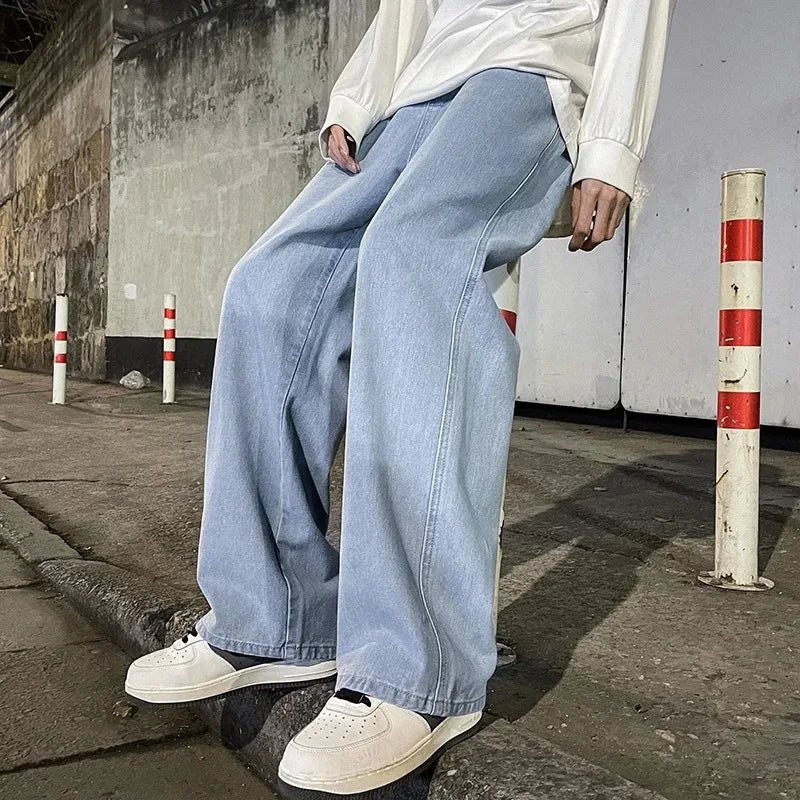 2024 Men’s Streetwear Loose Jeans – Korean Style Wide Leg Casual Pants, Black & Light Blue