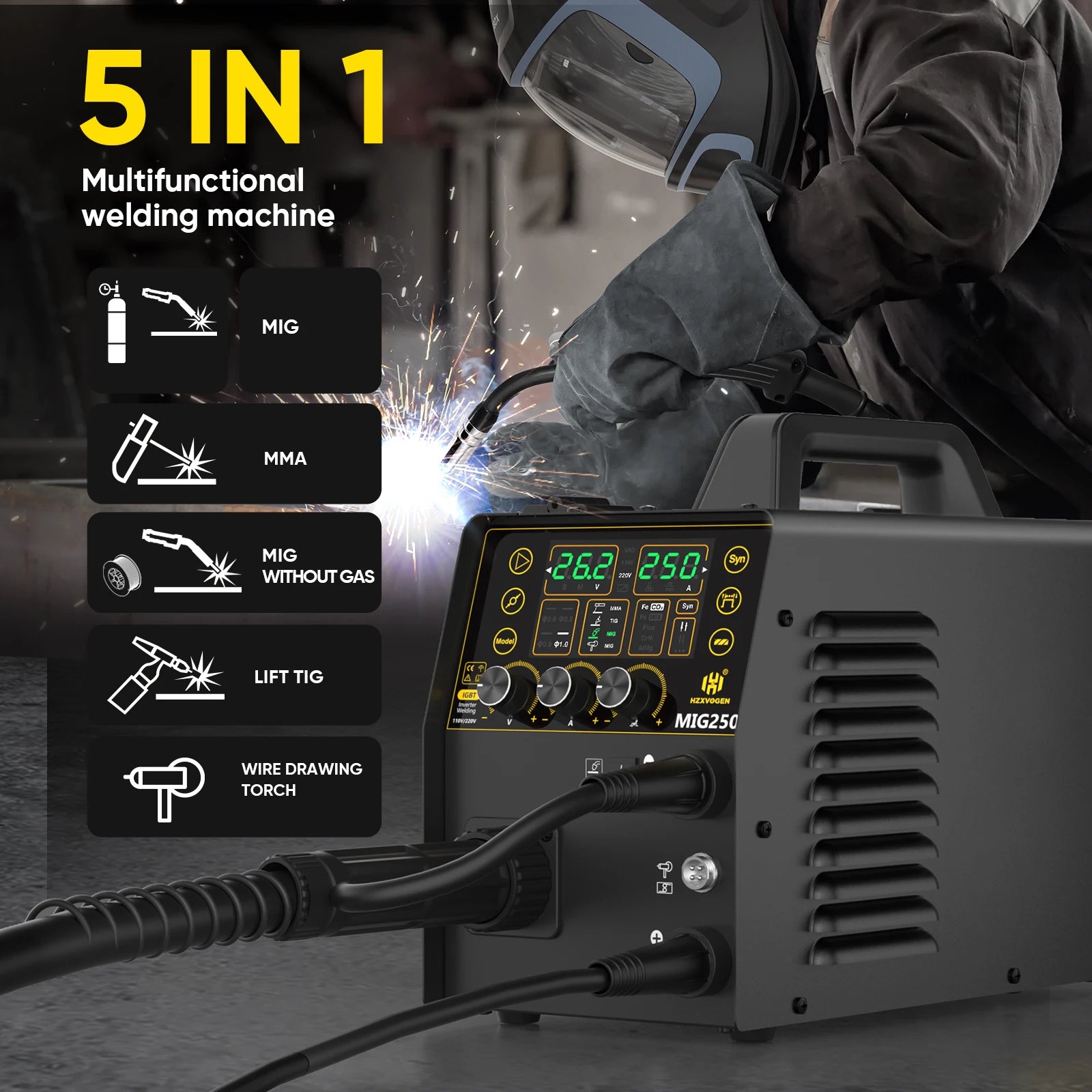 HZXVOGEN MIG250 Aluminum 5 in 1 Welding Machine MMA ARC/Gas MIG/Gasless MIG/LIFT TIG Spot Welding Portable Home Welder Tool
