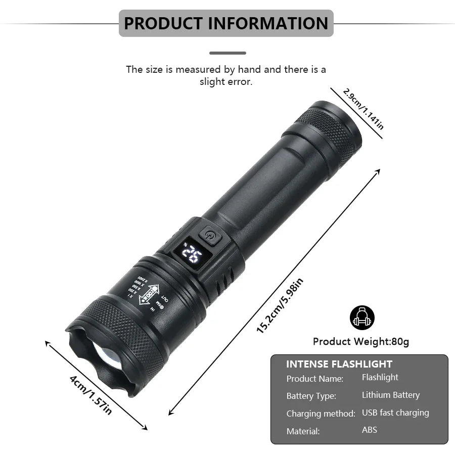 2000LM Tactical LED Flashlight with USB Recharge, Zoomable & Waterproof Camping Torch with Power Bank & Battery Indicator