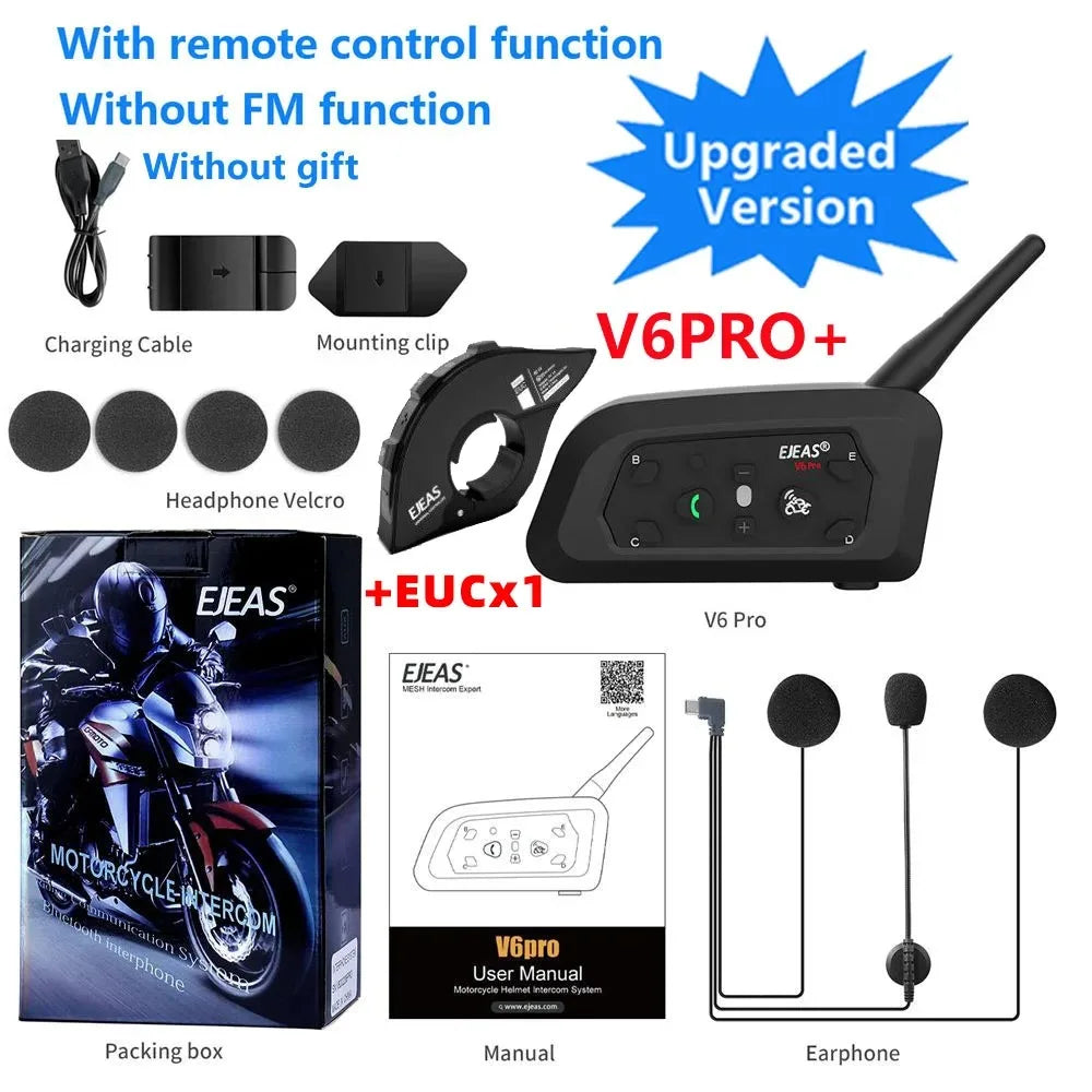 EJEAS V6 PRO+ Motorcycle Bluetooth Intercom — 6-Rider 800m Communication, IP67 Waterproof, Noise-Canceling Helmet Headset