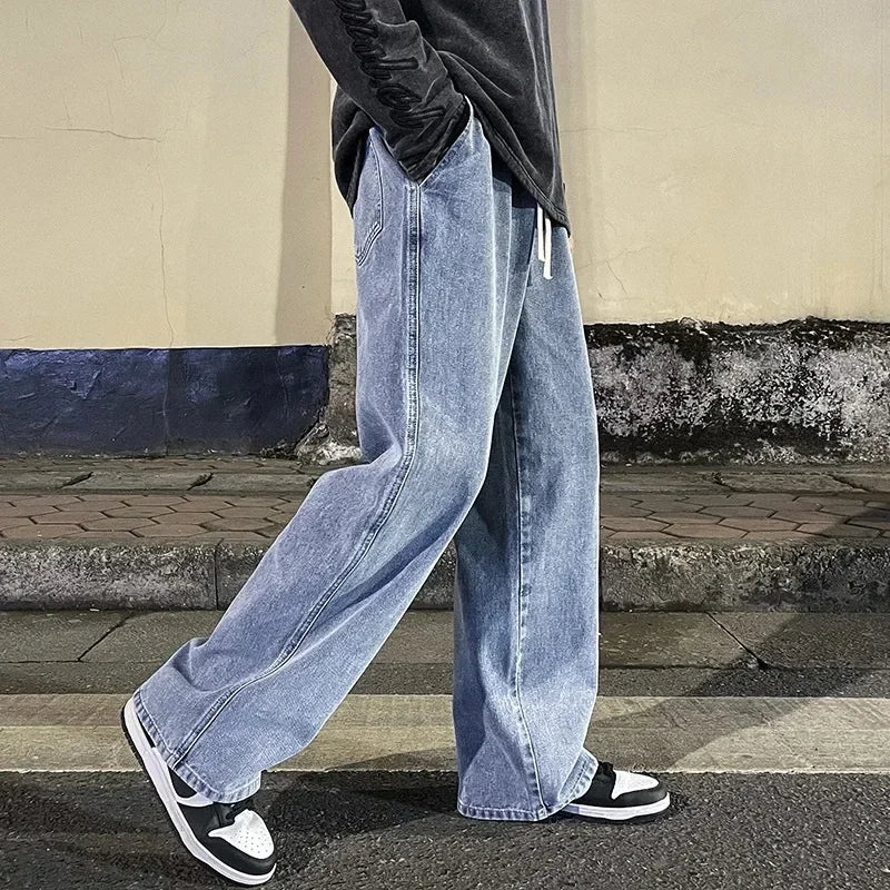 2024 Men’s Streetwear Loose Jeans – Korean Style Wide Leg Casual Pants, Black & Light Blue