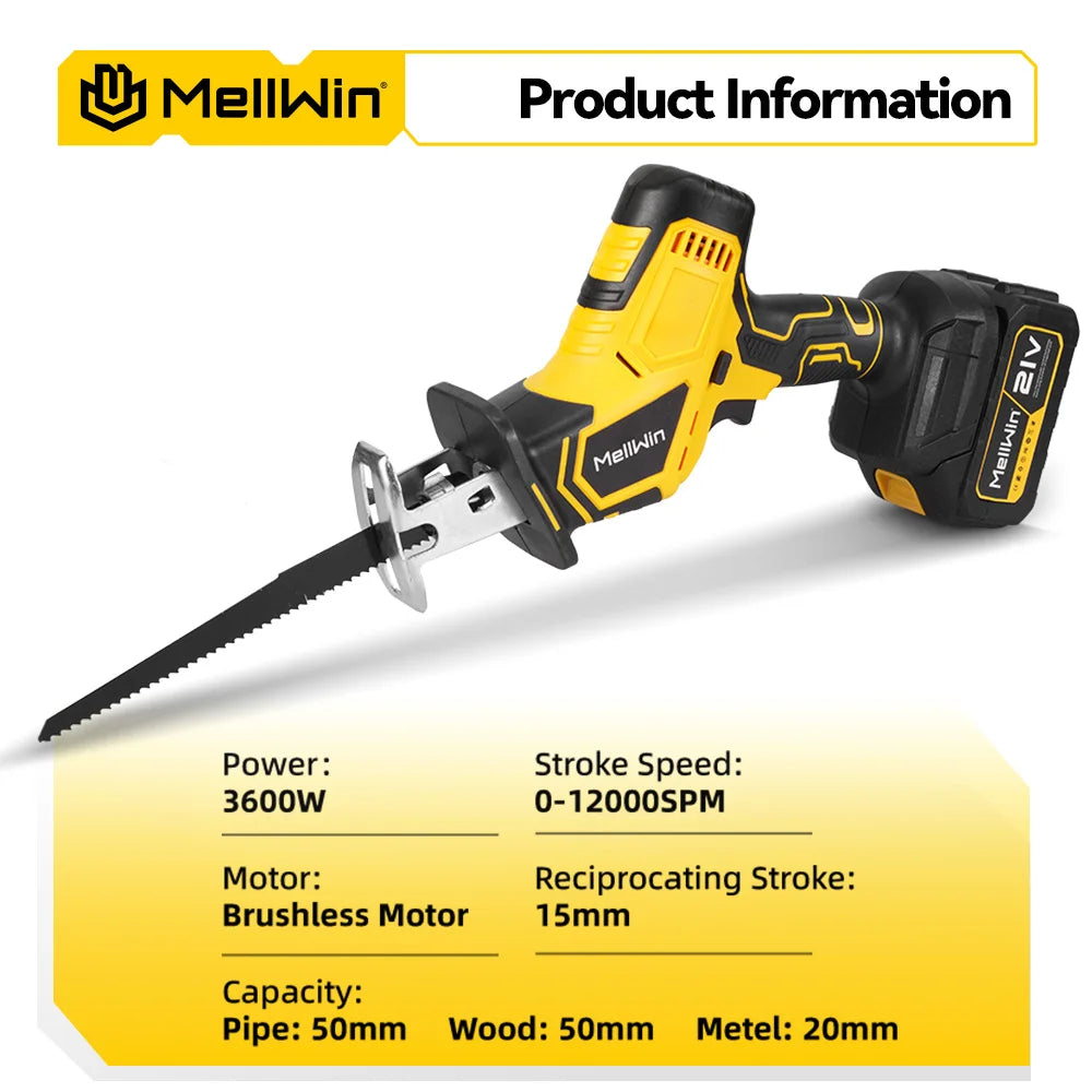 MELLWIN Brushless Cordless Reciprocating Saw 12000 SPM, 18V Compatible Electric Cut Saw for Wood, Metal & Pipe, Portable DIY Cutting Tool