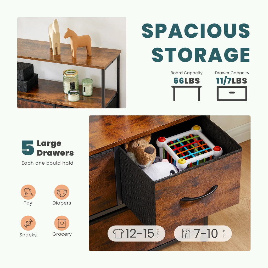 JHK Modern Fireplace TV Stand with 5 Fabric Drawers – Lightweight Storage Dresser for Bedroom & Living Room