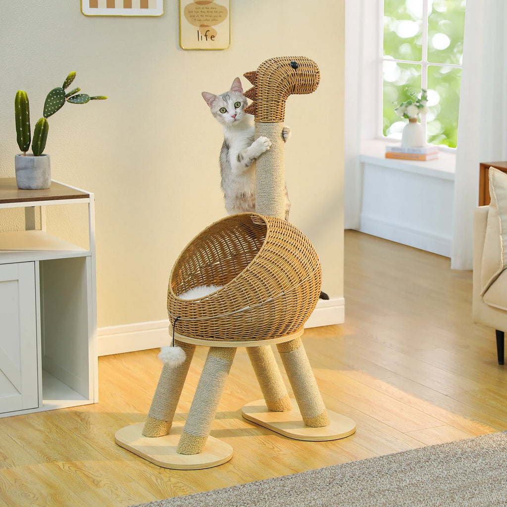 Dinosaur Cat Tree Tower – Rattan Cat Condo with Sisal Scratching Posts