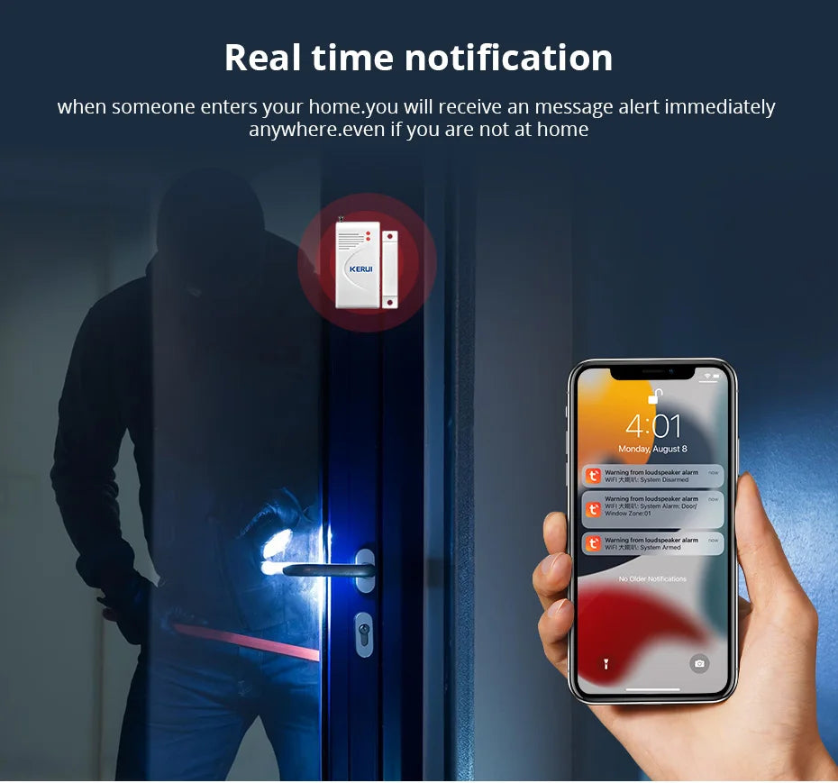 KERUI Tuya Smart WIFI Security Alarm System Kit 110dB Wireless Loud Indoor/Outdoor Siren Horn Home Burglar Motion Door Sensor