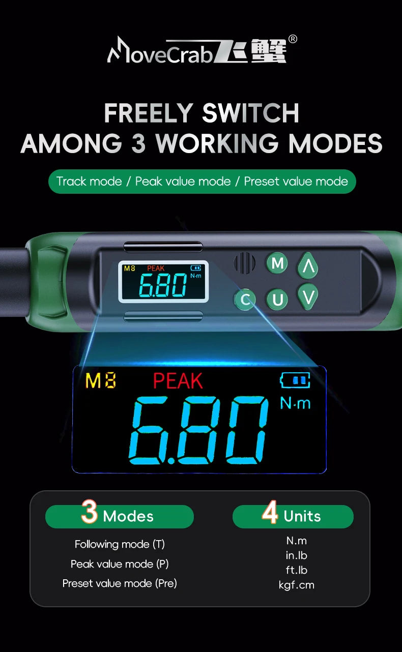 MoveCrab Digital Torque Wrench with Interchangeable Ratchet & Open-End Heads, 5–99.6 ft-lb (6.8–135 Nm) High-Precision Electronic Torque Wrench with LCD Display