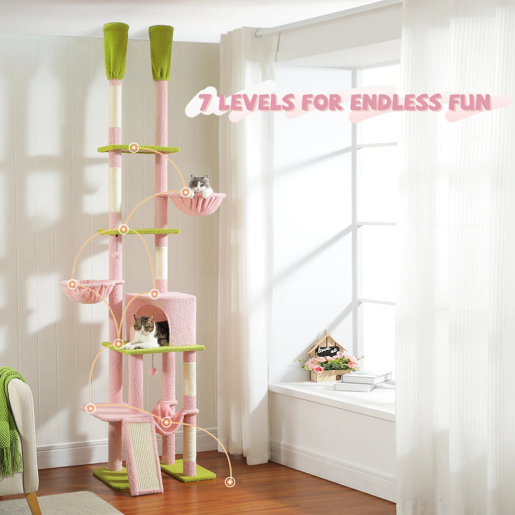 Cactus Floor-to-Ceiling Cat Tree Tower – 7-Tier Adjustable Cat Climbing Tree with Hammocks & Condo