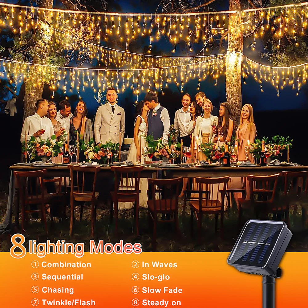 Outdoor Solar Icicle Curtain Lights – Waterproof LED String with 8 Modes for Patio, Garden & Festive Lighting