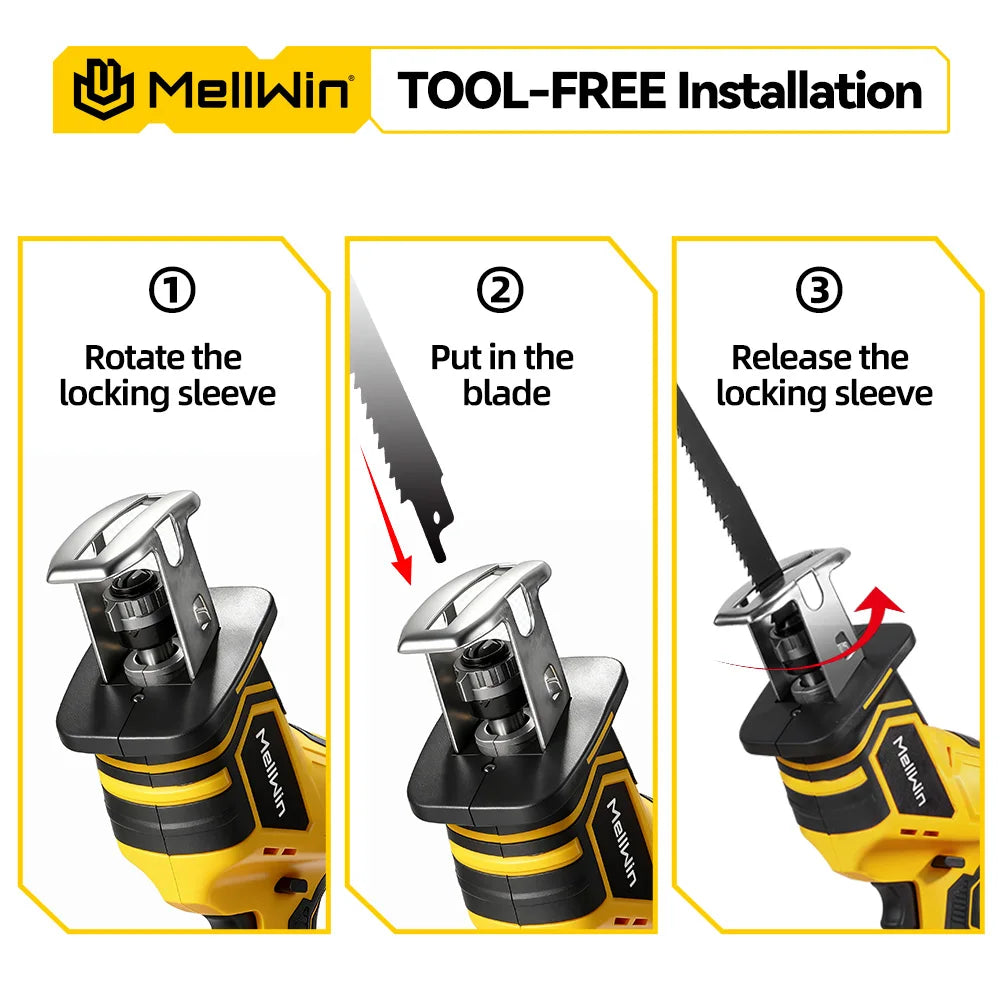 MELLWIN Brushless Cordless Reciprocating Saw 12000 SPM, 18V Compatible Electric Cut Saw for Wood, Metal & Pipe, Portable DIY Cutting Tool