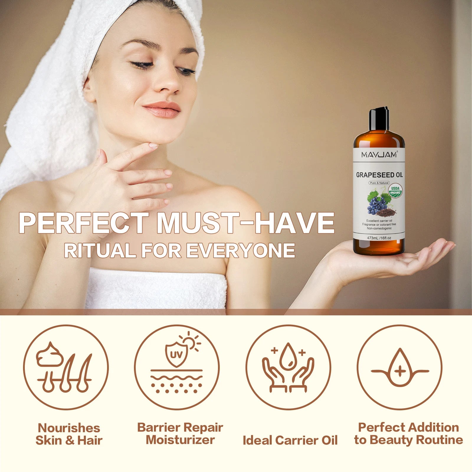 ✨ MAYJAM Organic Grapeseed Oil – 16 fl. oz Pure Cold-Pressed Natural Carrier Oil for Skin & Hair Wellness ✨