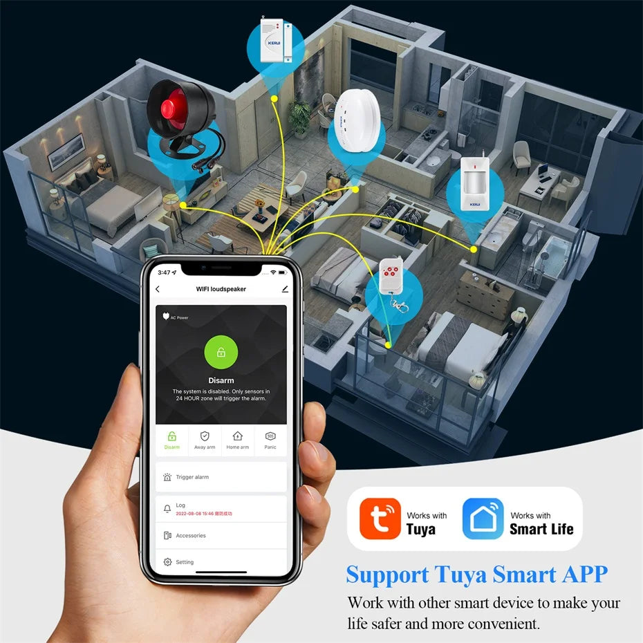 KERUI Tuya Smart WIFI Security Alarm System Kit 110dB Wireless Loud Indoor/Outdoor Siren Horn Home Burglar Motion Door Sensor