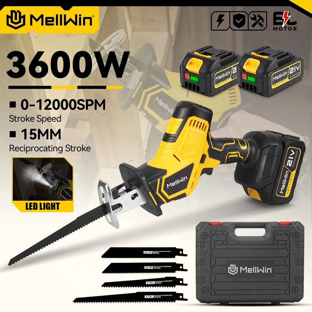 MELLWIN Brushless Cordless Reciprocating Saw 12000 SPM, 18V Compatible Electric Cut Saw for Wood, Metal & Pipe, Portable DIY Cutting Tool