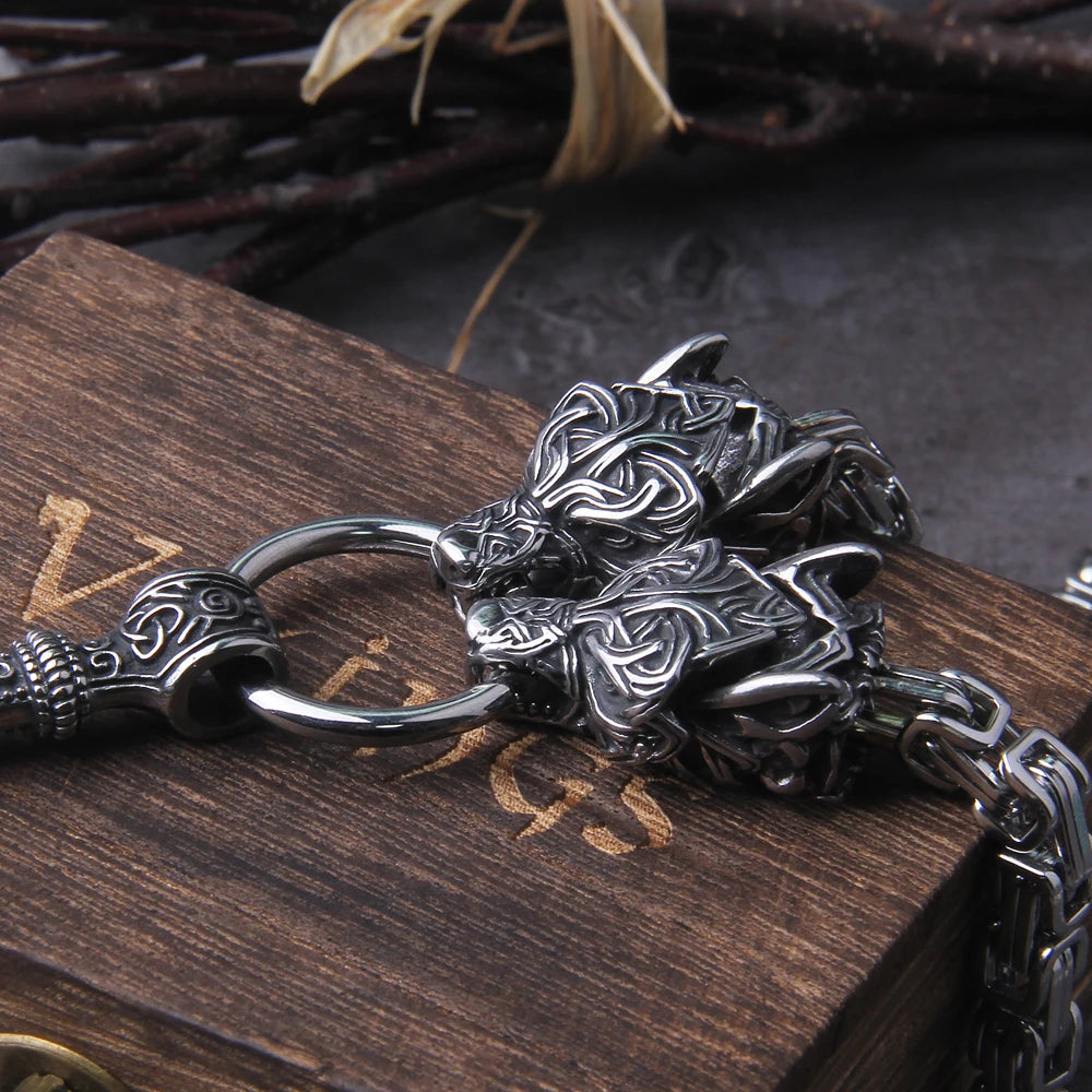 Viking Thor’s Hammer Necklace with Wolf Head & Wooden Gift Box