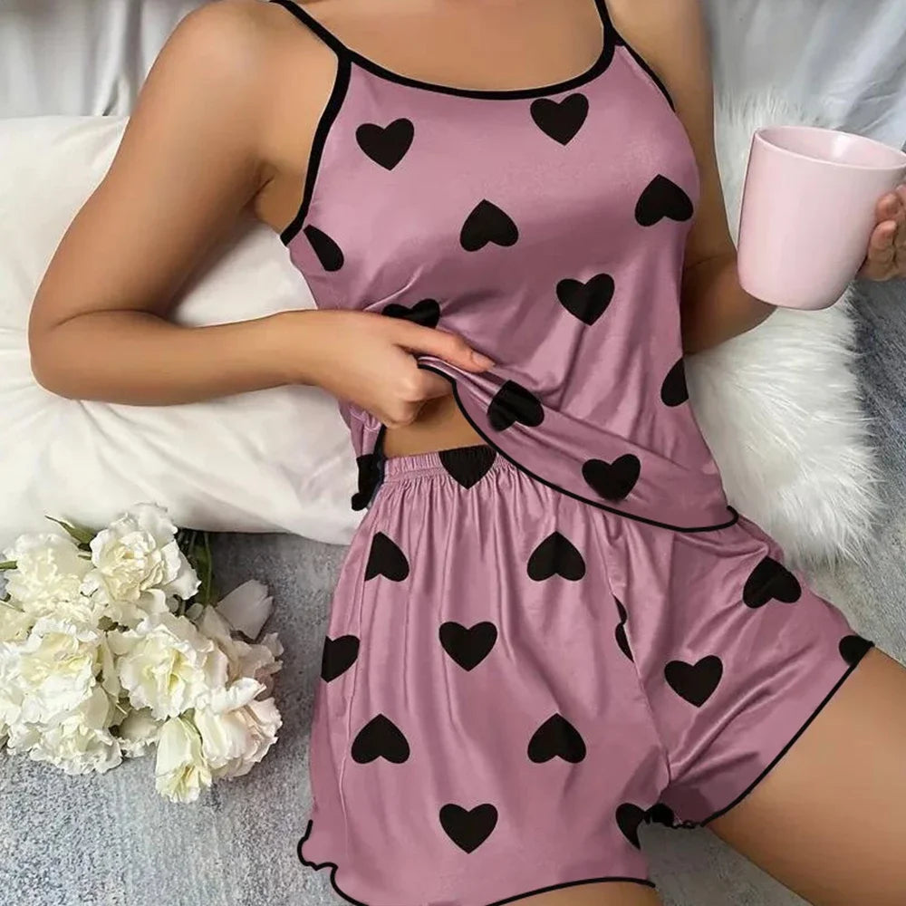 DreamSoft™ Women’s Ice-Silk Summer Pajama Set – Pink Heart Print Sleeveless Top & Shorts Lounge Set