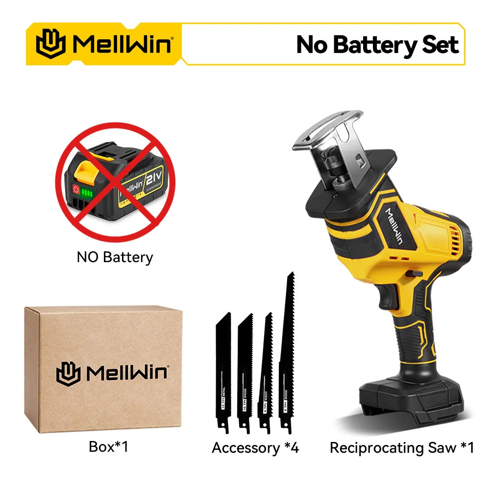 MELLWIN Brushless Cordless Reciprocating Saw 12000 SPM, 18V Compatible Electric Cut Saw for Wood, Metal & Pipe, Portable DIY Cutting Tool