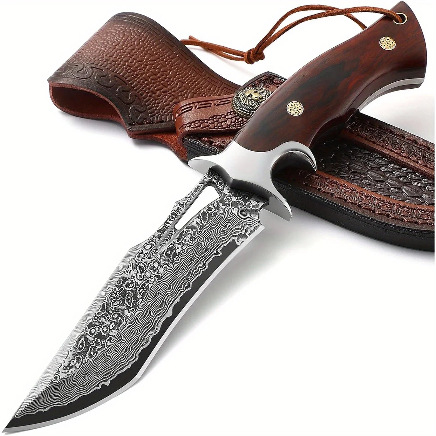 Damascus-Style Fixed Blade Knife – Premium Stainless Steel Blade, Wooden Handle & Leather Sheath